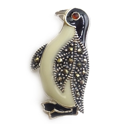  Silver enamel and marcasite penguin brooch, stamped 925  