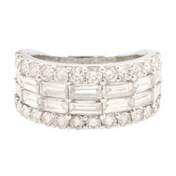 White gold four row, round brilliant cut and baguette cut diamond ring hallmarked 9ct, tot...