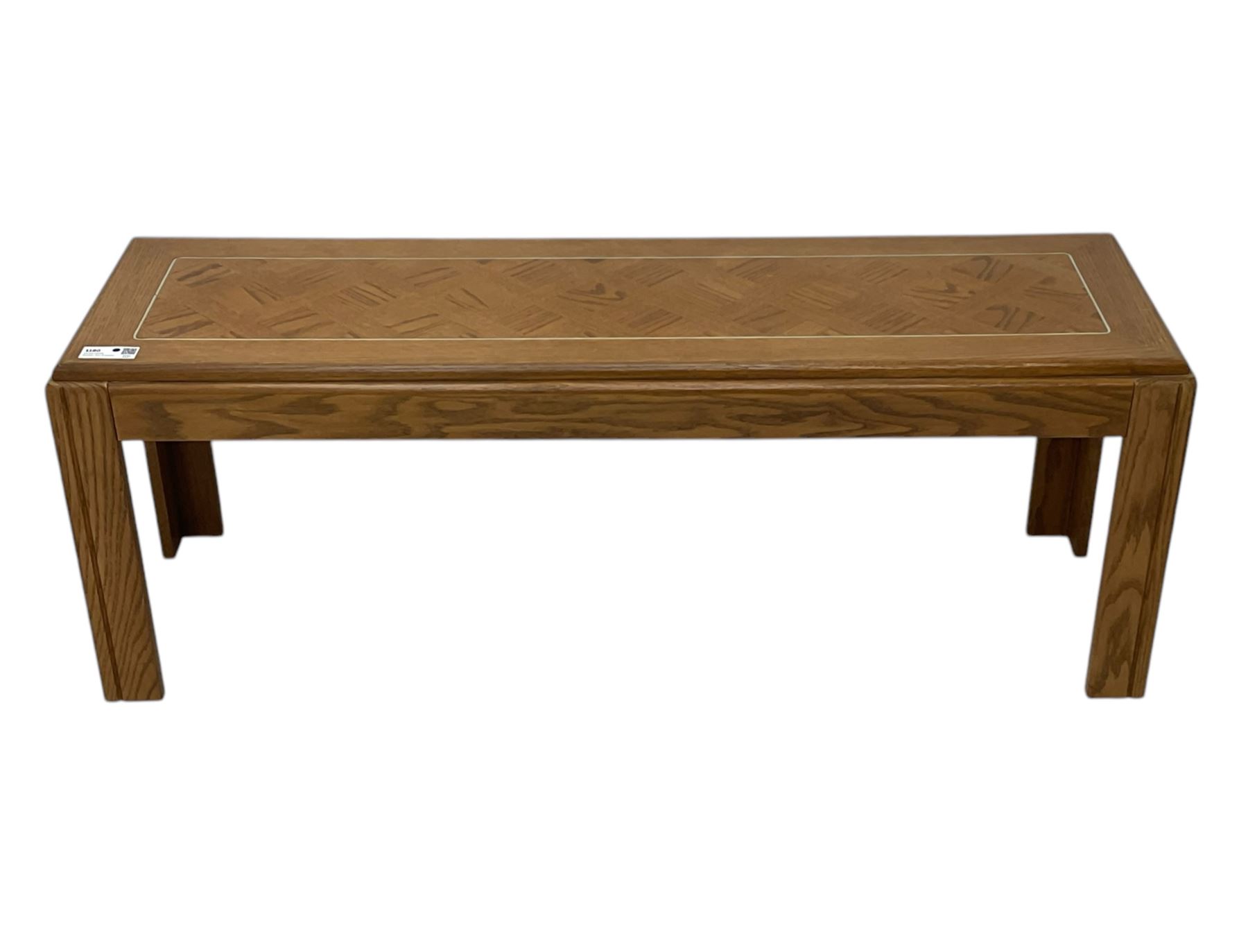 Late 20th century oak coffee table, rectangular top with parquetry inlay, raised on square tapered legs