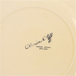 Clarice Cliff Sungleam Crocus pattern plate, together with Crocus pattern preserve jar, both with printed marks beneath, plate D23cm 