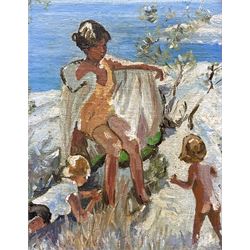 Attrib. Dorothea Sharp (British 1874-1955): Three Children on the Rocks, oil on canvas laid on to board 23cm x 18cm