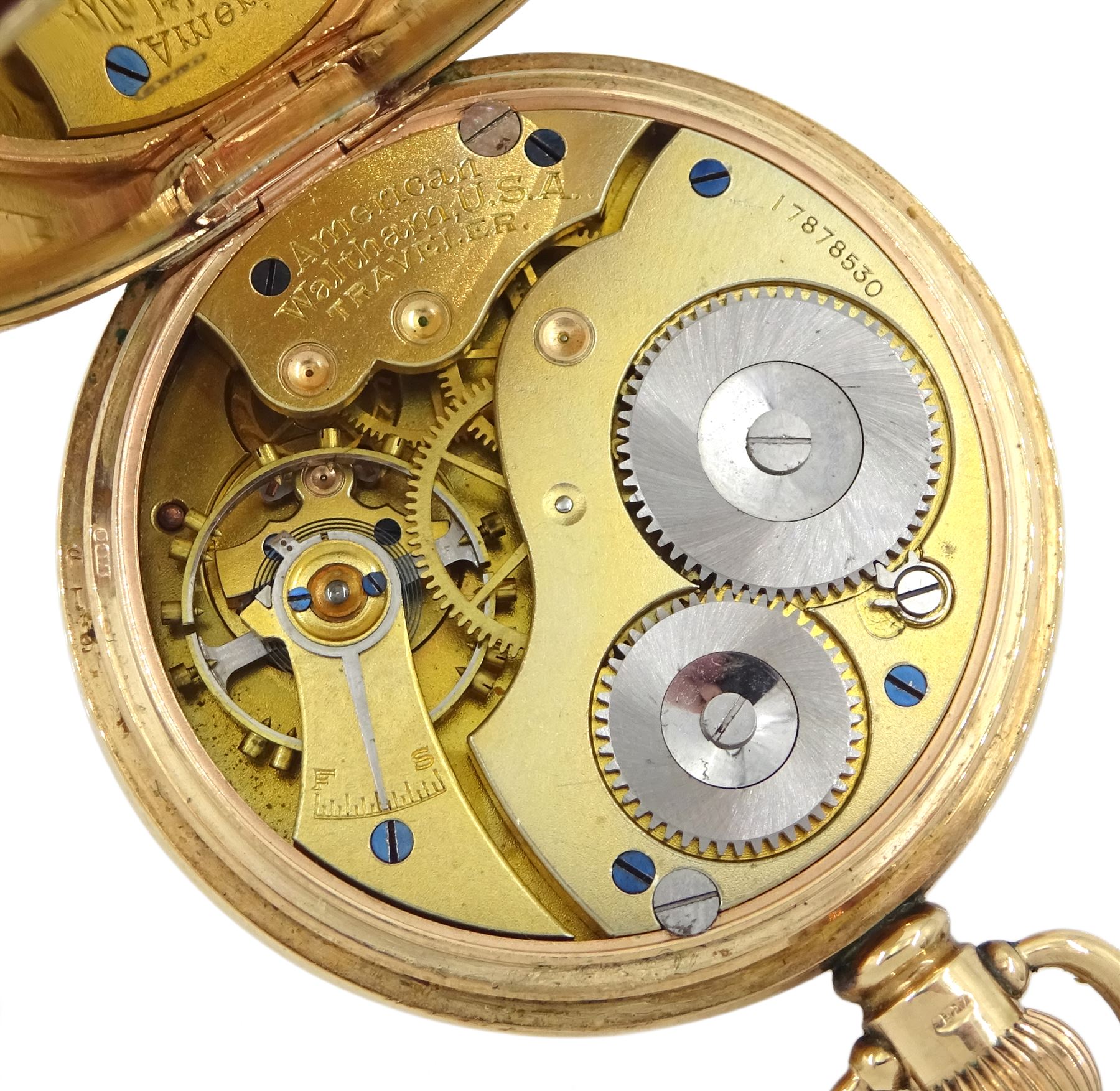 Early 20th century 9ct gold open face, keyless 'Traveler' lever pocket watch by American Watch Company, Waltham, No. 17878530, white enamel dial with Roman numerals and subsidiary seconds dial, case by Dennison, Birmingham 1912
