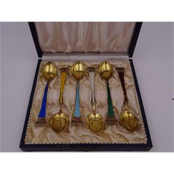 Set of six Danish silver-gilt harlequin enamel demitasse spoons with crown finials, by Egon Lauridsen, stamped ELA Denmark Sterling 925S, in fitted case