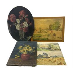 William Greaves (British 1852-1938): Still Lifes, two oils on canvas (one cut into an oval and laid on to board) signed, together with three watercolours by the same hand (unframed)