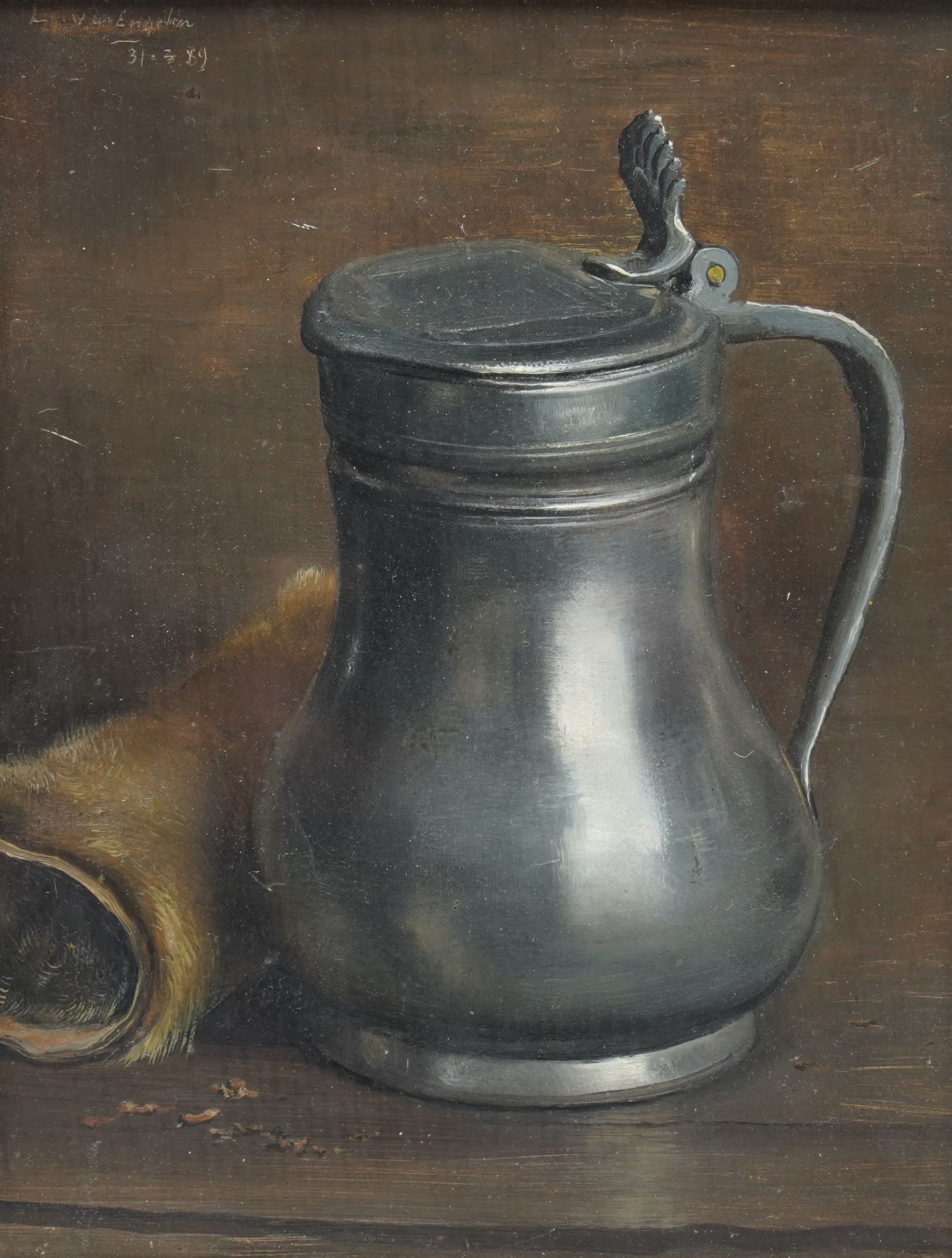 Louis Van Engelen (Belgian 1856-1940) Still Life of Tankard, oil on wood panel signed and dated 31.3.89, 23.5cm x 18cm