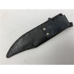 Large Bowie knife the 21cm steel blade marked J.E. Middleton & Sons Rockingham Street Sheffield with brass cross-piece and polished horn grip scales; in leather sheath L36cm overall