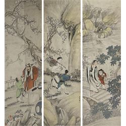Japanese School (20th century): Scholarly Scenes, set three watercolours signed, each 162cm x 50cm (3)
