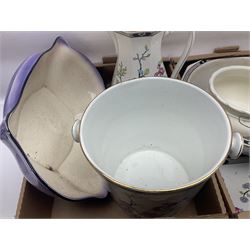 Royal Winton Art Deco style wash jug and bowl, in geometric purple design, together with two other large wash jugs with bowls and other similar ceramics, in three boxes 