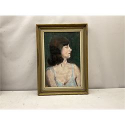 Madeline A Manton (Mid 20th century): 'Jaqueline' bust portrait, oil on board, titled with artist's address 124 Kings Road London on Chelsea Artists exhibition label verso 49cm x 32cm