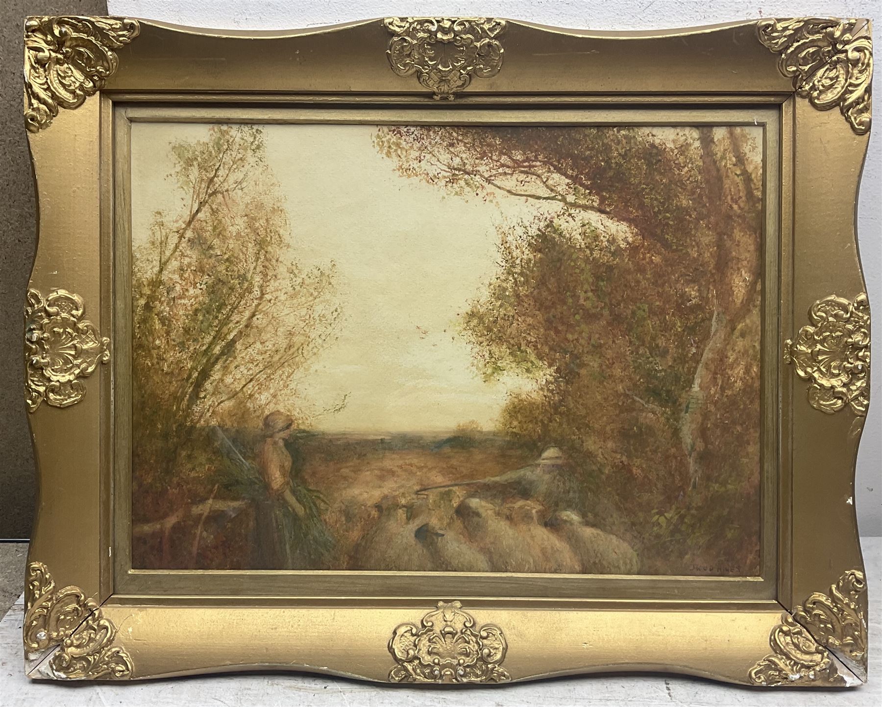 Frederick Hines (British 1852-1952): 'The Passing Flock' and Picking Berries, two watercolours signed, one titled verso max 27cm x 38cm (2)