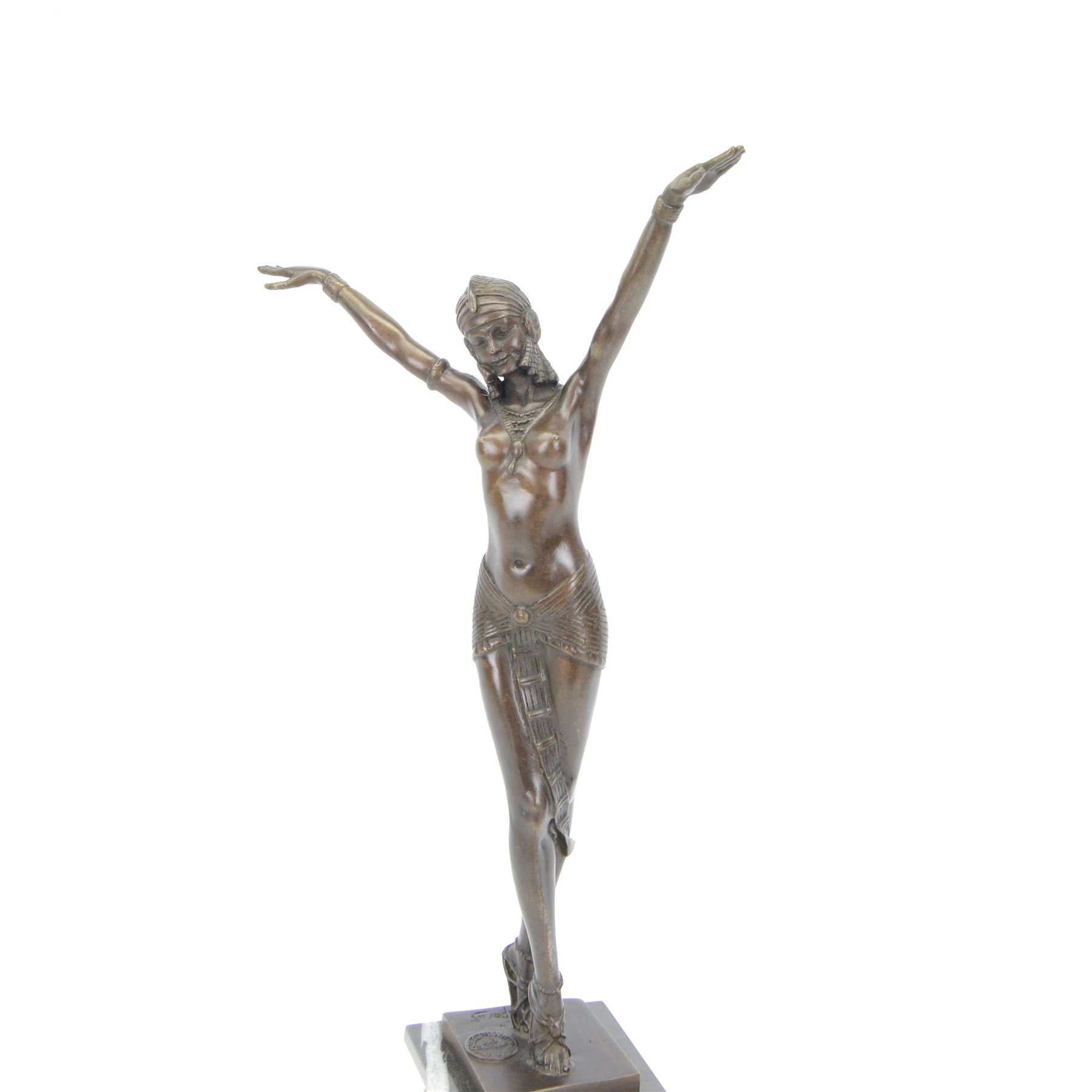 After Demétre Haralamb Chiparus (Romanian 1886-1947): Art Deco style bronze figure modelled as a dancer with raised arms, signed to the stepped bronze base and also bearing foundry stamp, upon a tapering marble plinth, overall H55cm
