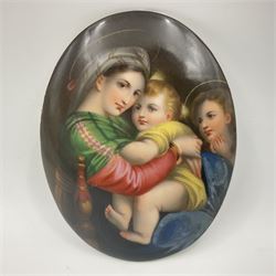 19th century Continental porcelain plaque, of oval form, painted with the Madonna and Child after Raphael, unmarked, possibly KPM, H12cm W9cm 