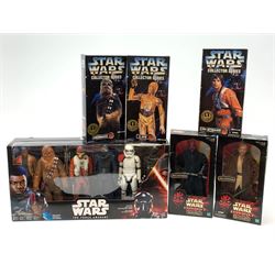 Star Wars - The Force Awakens Hasbro set of six action figures including Finn (Jakku), Chewbacca, Poe Dameron, Kylo Ren, First Order Stormtrooper Officer and First Order The Fighter Pilot; together with three Kenner Collector Series action figures of Luke Skywalker in X-Wing Gear, Chewbacca and C-3PO; and two Hasbro Episode 1 Action Collection figures of Qui-Gon Jinn and Darth Maul; all boxed (6)