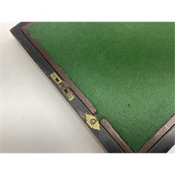 Victorian walnut and parquetry banded work box with brass shield and escutcheon, L30cm, together with mahogany writing slope with green baize writing surface, L35cm