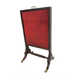 Regency mahogany screen with two horizontal and one vertical pull-out panels, on base with carved sabre legs and rope-twist stretcher