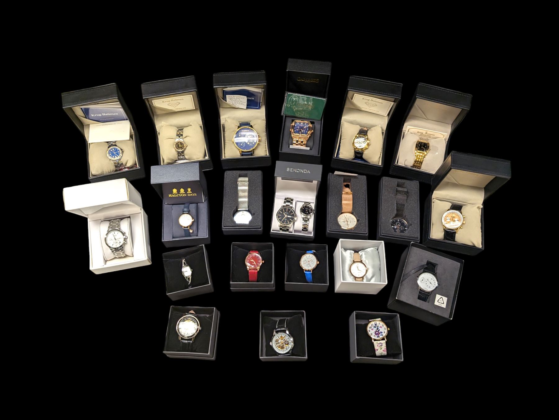 Collection of wristwatches including Accurist chronograph, Gamages automatic, six Krug-Baumen diamond, Minster, Halcyon Days, Seconda, Lorus etc