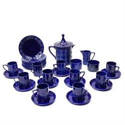 Portmeiron 1960s Totem blue pattern coffee service, comprising coffee pot, ten cups and ni...