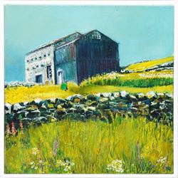Sue Dewhurst (British Contemporary): 'Barn with Blue Door' 'Blue Metal Barn' 'Haytime' and others, set of five oils on canvas variously signed and titled, max 61cm x 61cm (5)