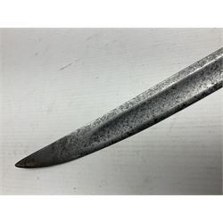 Late 18th century sword, the Spanish 79.5cm curving fullered blade engraved with the Royal Cypher, battle trophies and 'Viva Espania' banner, French Sabre de Mineur brass three-bar hilt with ebonised reeded grip L93.5cm overall (no scabbard)