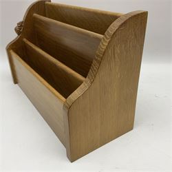 Mouseman - oak letter rack, shaped end supports enclosing three divisions, carved with mouse signature, by the workshop of Robert Thompson, Kilburn