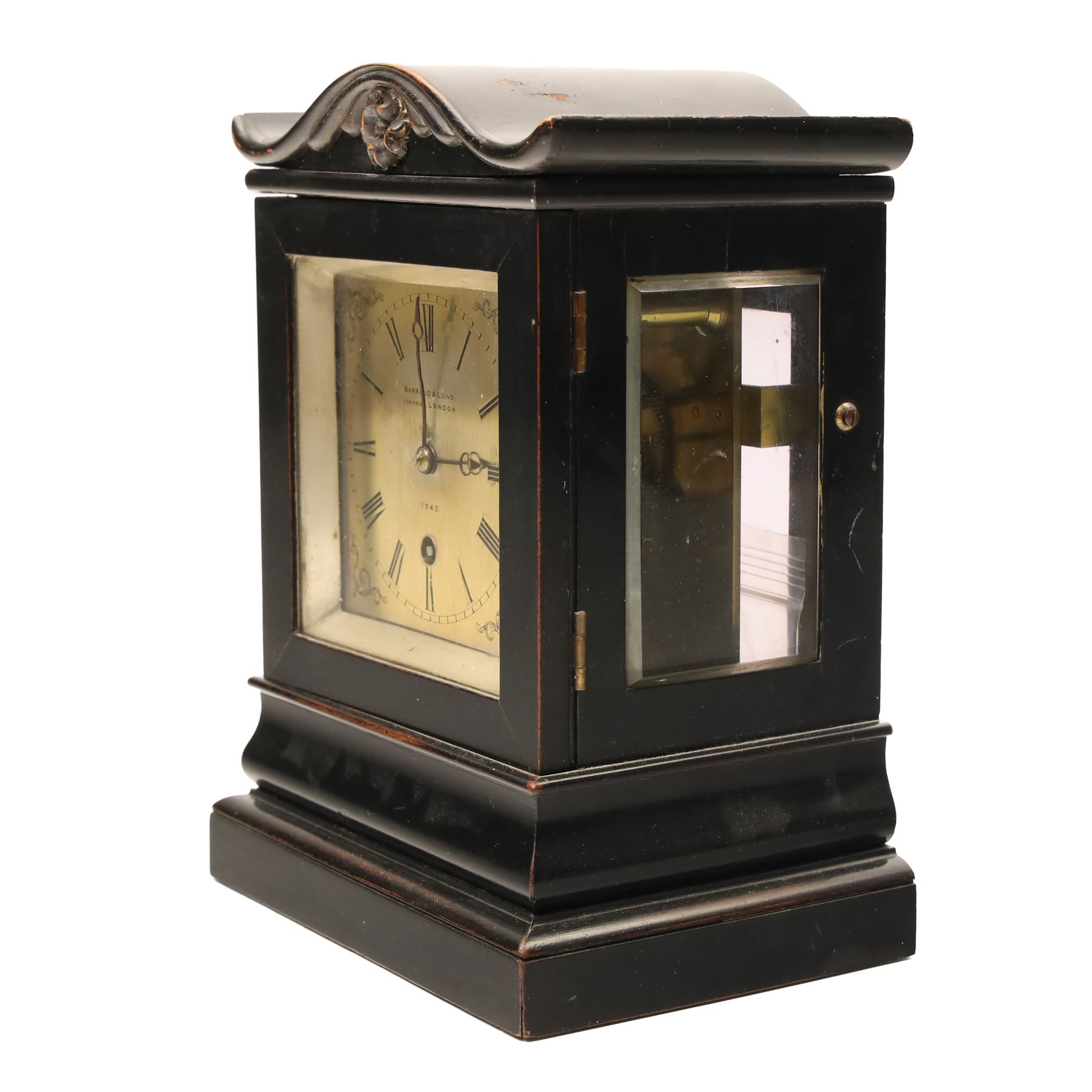 Early Victorian mantel clock, the brass dial inscribed Barraud and Lund, Cornhill, London, No 1543 with chain fusee, plain brass back plate in ebonised case with serpentine top H23cm