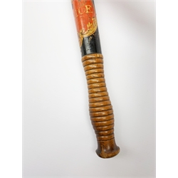 Victorian police truncheon with Crown above VR cypher and 'Police' in cartouche, stamped 'Field 233 Holborn' around the letter 'M' to pommel, L44cm