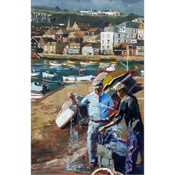 British School (Mid 20th century): Mending Nets at the Harbourside, probably Cornwall or Wales, acrylic on canvas laid on to paper unsigned 24cm x 16cm 
Provenance: with the Oakwood Gallery, Leeds, label verso