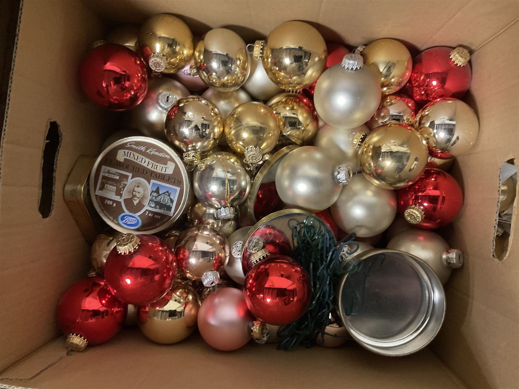 Artificial Nordic style 6ft Christmas tree, together with a large collection of baubles, small light up Christmas tree, tree skirt and other Christmas decorations, including some vintage examples