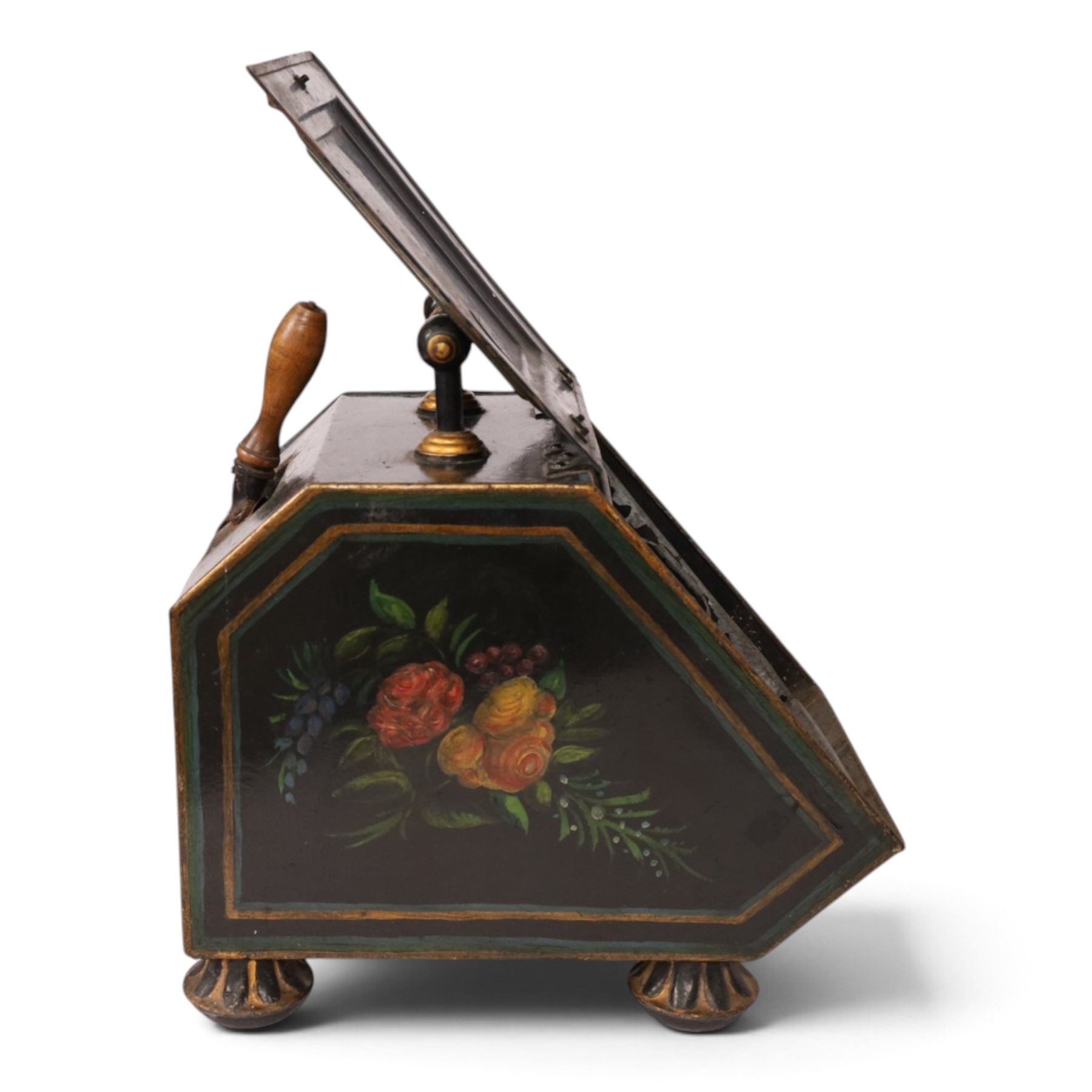 Late Victorian hand painted toleware coal scuttle, black painted tin body hand painted with floral sprays, fitted with shaped shovel to reverse and gilt painted circular feet H44cm