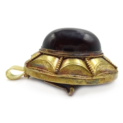  Victorian gold cabochon garnet mourning pendant, raised cobweb decoration 4cm  