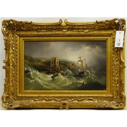 Henry Redmore (British 1820-1887): 'Wreck of the Coupland', oil on canvas unsigned 23cm x 38.5cm  
Provenance: private collection; with Christies 12th November 2014, Lot 65; the John Simpson, Haisthorpe Hall, East Yorkshire private collection; illustrated Arthur Credland's Marine Painting in Hull through Three Centuries pub. 1993 pp.93
Notes: the Coupland, a South Shields schooner having attempted  to enter Scarborough Harbour ran into trouble off the Spa in the Great Storm on 2nd November 1861. In the foreground is the lifeboat “Amelia” before being dashed against the seawall.