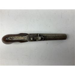 Mid 19th century double barrel percussion muff pistol, joined 7cm octagonal barrels with walnut stock19cm overall; a matching single barrel muff pistol 17cm overall (2)