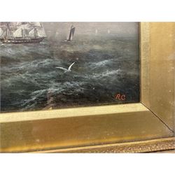 R Coverdale (British 19th/20th century): Fishing Yawl and other Masted Vessels at Sea, oil on canvas signed with initials, signed and dated '78 verso 22cm x 34cm