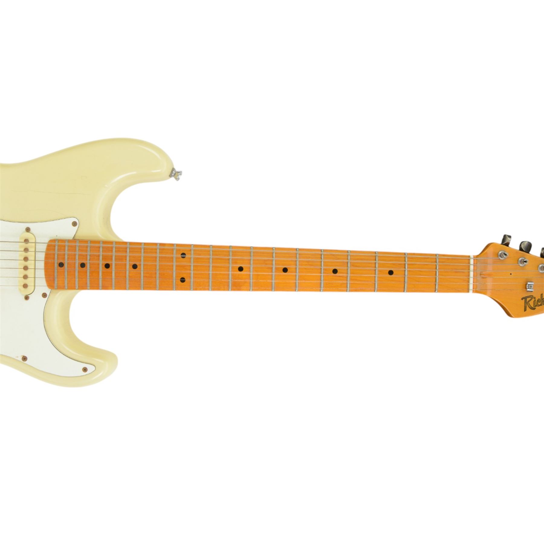 Two Richwood electric guitars, comprising Stratocaster style with cream body and Telecaster style with red metallic finish, L99cm