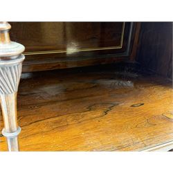 Victorian hardwood and inlaid display cabinet, central breakfront glazed display with astragal glazing and mirror back, flanked by mirrored alcoves with turned supports, below foliate and scrolling marquetry panels enclosing cupboard doors, shaped open shelves with turned supports beneath, on tapered and spade feet