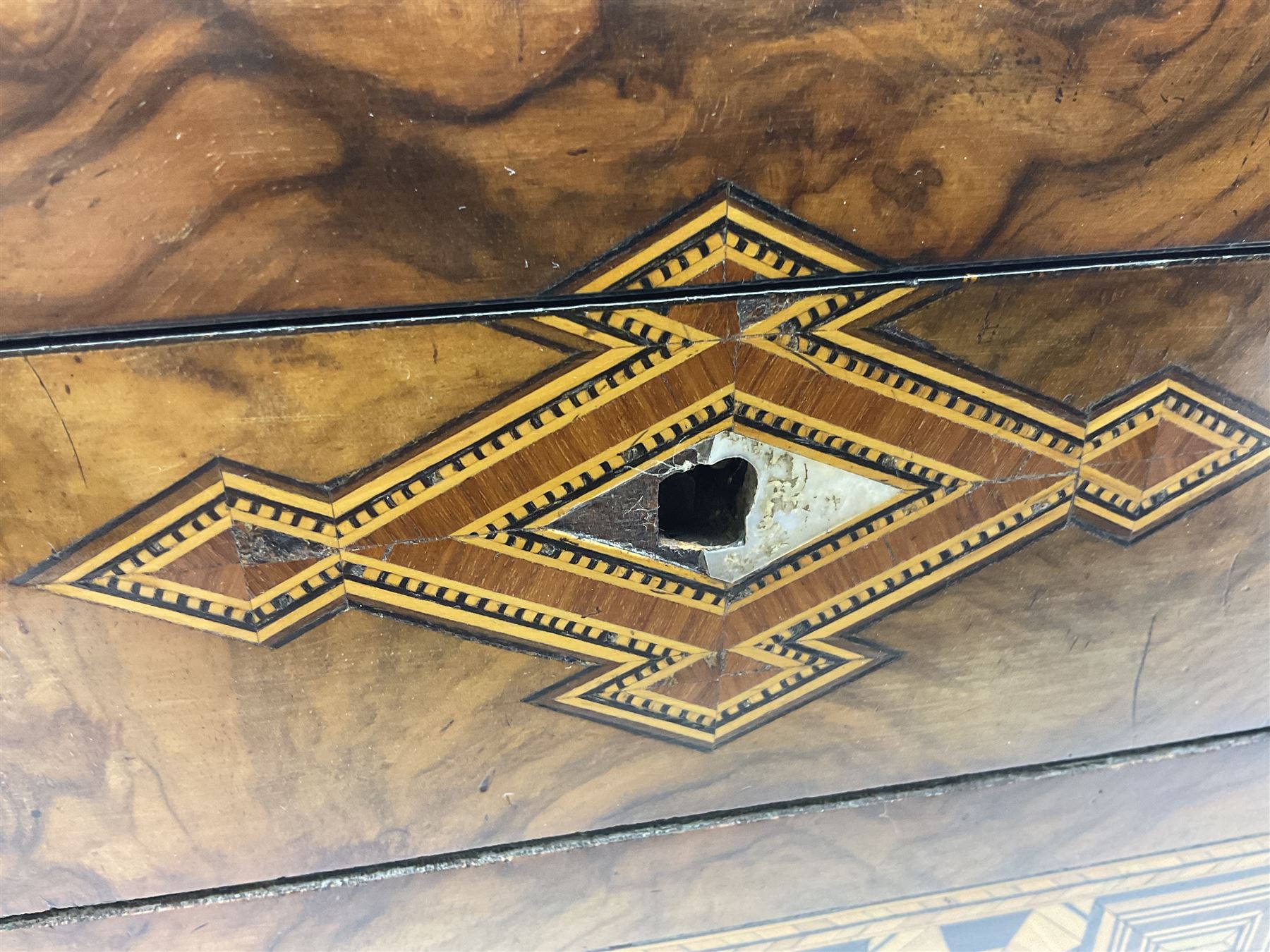 Victorian mahogany writing slope, the brass bound hinged cover opening to reveal tooled leather and gilt interior with two glass inkwells, together with a similar parquetry inlaid writing slope, with central mother of pearl inlay enrgraved 'Sarah', tallest H17cm 