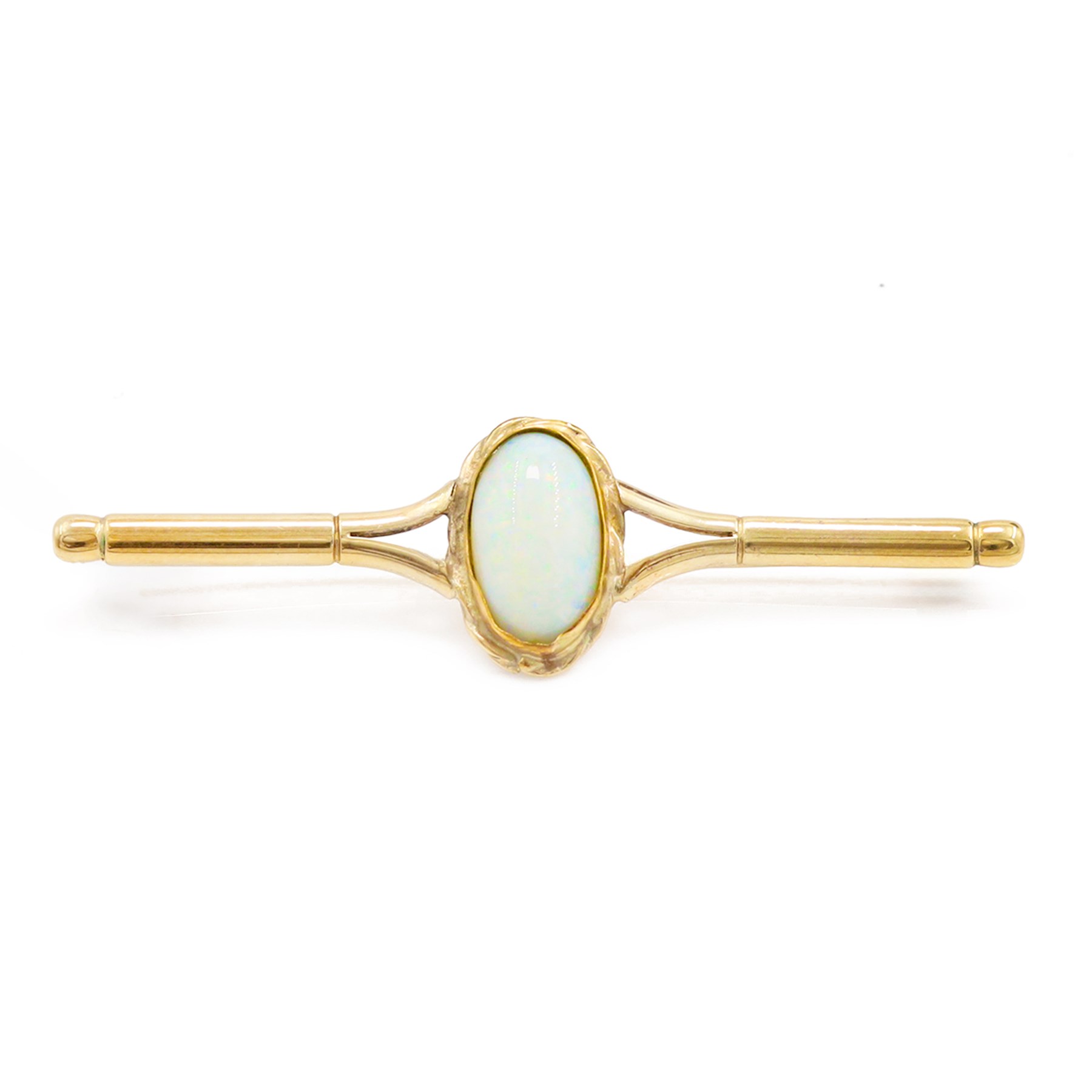 9ct gold opal bar brooch, set with a single oval cabochon cut opal