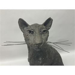 Composite sculpture, modeled as a seated cat, with artist signature beneath, H43cm  