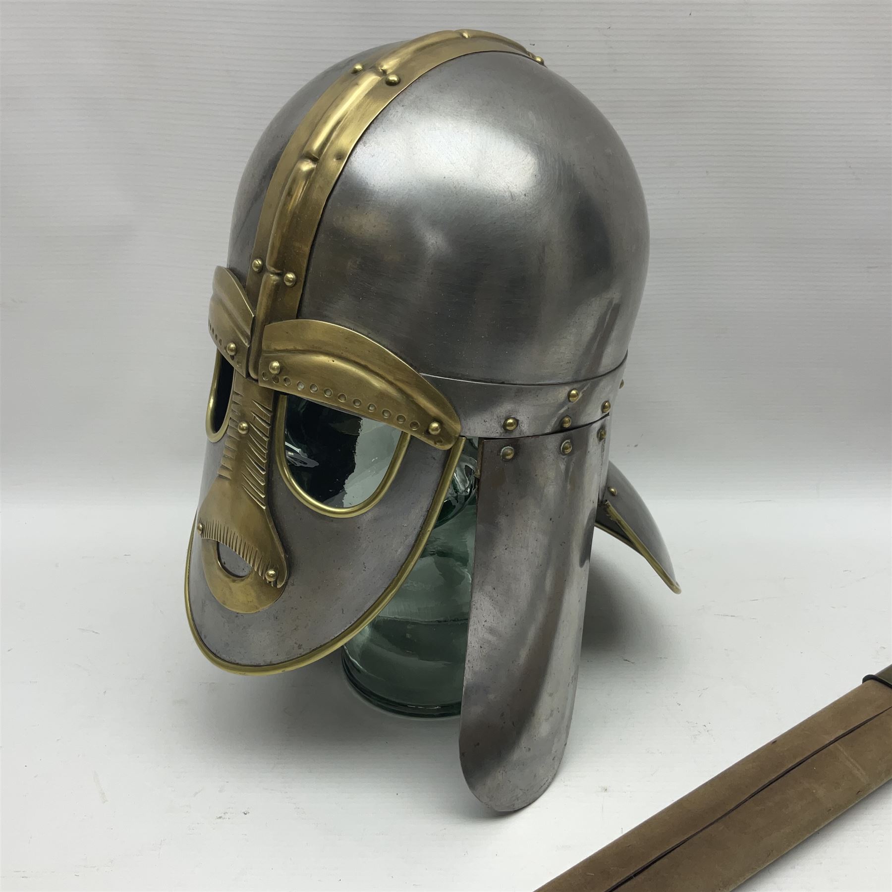 Re-enactors Viking helmet and sword in scabbard, helmet D19cm, sword blade L73cm, whole L88cm 