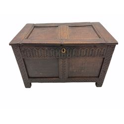 Small 18th century oak coffer, the panelled front with arcade carved frieze, guilloche carved rails and stile supports, enclosed by panelled lid