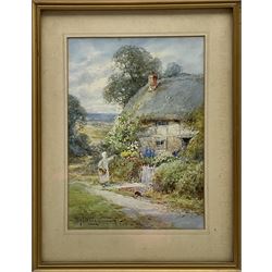 Henry John Sylvester Stannard (British 1870-1951): 'Who'll Buy?' Gypsy Girl at a Thatched Cottage Gate, watercolour signed and titled 24cm x 17cm
