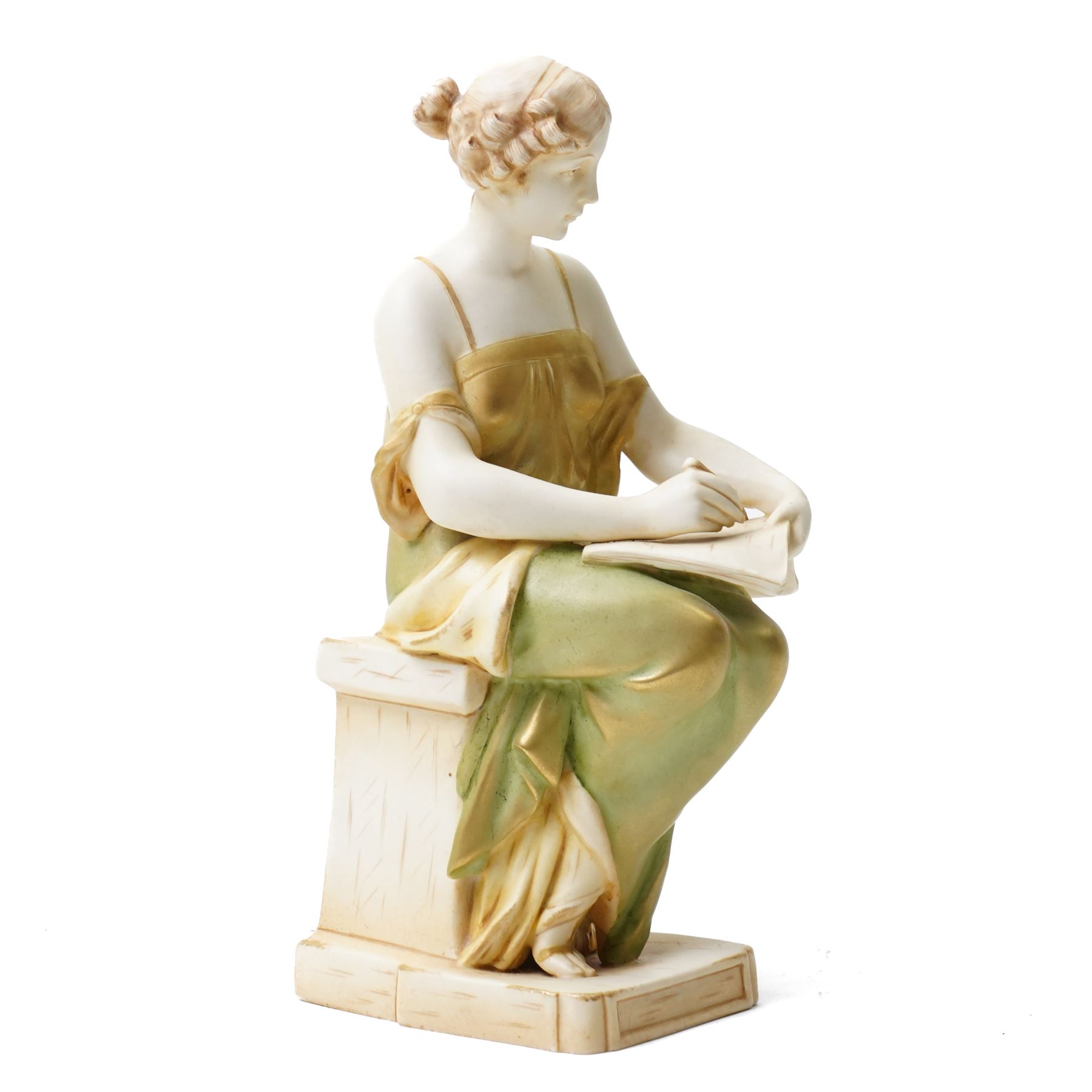Ernst Wahliss for Royal Vienna classical female figure seated on a pillar writing in a book on gilt lined base H27cm 