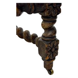 19th century Carolean design oak armchair, upholstered in a vibrant fabric depicting woodland and wildlife scenes, carved lion mask arm terminals, raised on barley twist supports united by H-stretcher