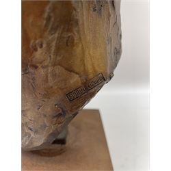 Anne Curry (French 1943-): Bronze bust modelled after the artist's late Grandfather, signed and dated '95 and numbered 1/5 on square wooden plinth, H41cm overall. Provenance: This piece was a gift from the artist's father to the vendors late mother in law. The portrait depicts the artist's late Grandfather who was a friend of the family