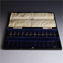 Set of twelve 1920s silver novelty cocktail sticks, modelled as swords, hallmarked Mappin and Webb, Sheffield 1929, contained within tooled leather case