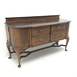  Early 20th century inlaid mahogany breakfront sideboard, raised back, four drawers flanked by two end cupboards, cabriole legs on pad feet, W184cm, H108cm, D67cm  