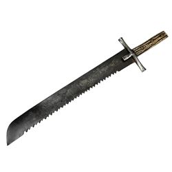 Continental Forester’s side arm, 50cm x 6cm saw-back blade, steel hilt with antler grip, 19th/20th century, 65cm overall