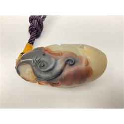 Chinese hardstone carving of a fish amongst coral, with platted rope handle, together with other hardstone and soft stone carvings  