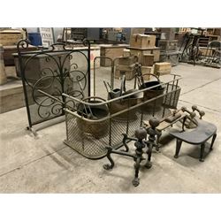 19th century brass and mesh fire fender, three coal buckets, two spark guards, irons, dogs and trivets - THIS LOT IS TO BE COLLECTED BY APPOINTMENT FROM THE OLD BUFFER DEPOT, MELBOURNE PLACE, SOWERBY, THIRSK, YO7 1QY