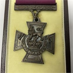 Victoria Cross, an official Hancocks & Co, London replica, the reverse engraved 'Hancocks 36', in fitted leather case of issue; Auctioneer's Note: The Victoria Cross was instituted on 29th January 1856, with the first awards backdated to 1854, and in the first 150 years of its existence was awarded on 1,355 occasions (1,352 Crosses and 3 Second Award Bars). To mark the 150th Anniversary, the London jewellers Hancocks, who have manufactured every Victoria Cross ever awarded, issued a limited edition replica, the replicas all individually numbered on the reverse, with the edition limited to 1,352 replica crosses. The No.36 apparently relates to actions by Capt. A. Henry of the Land Trans Corps at Inkerman 5/11/54 reported in the London Gazette 24/02/57.